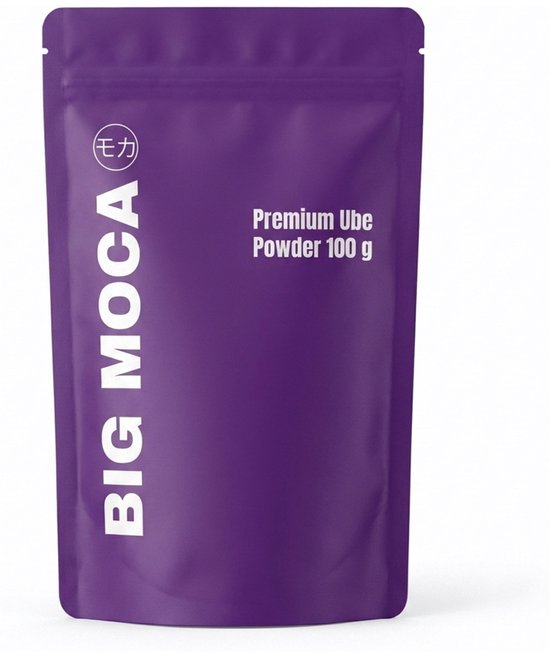 Paarse hersluitbare verpakking Big Moca Premium Ube Powder 100g.