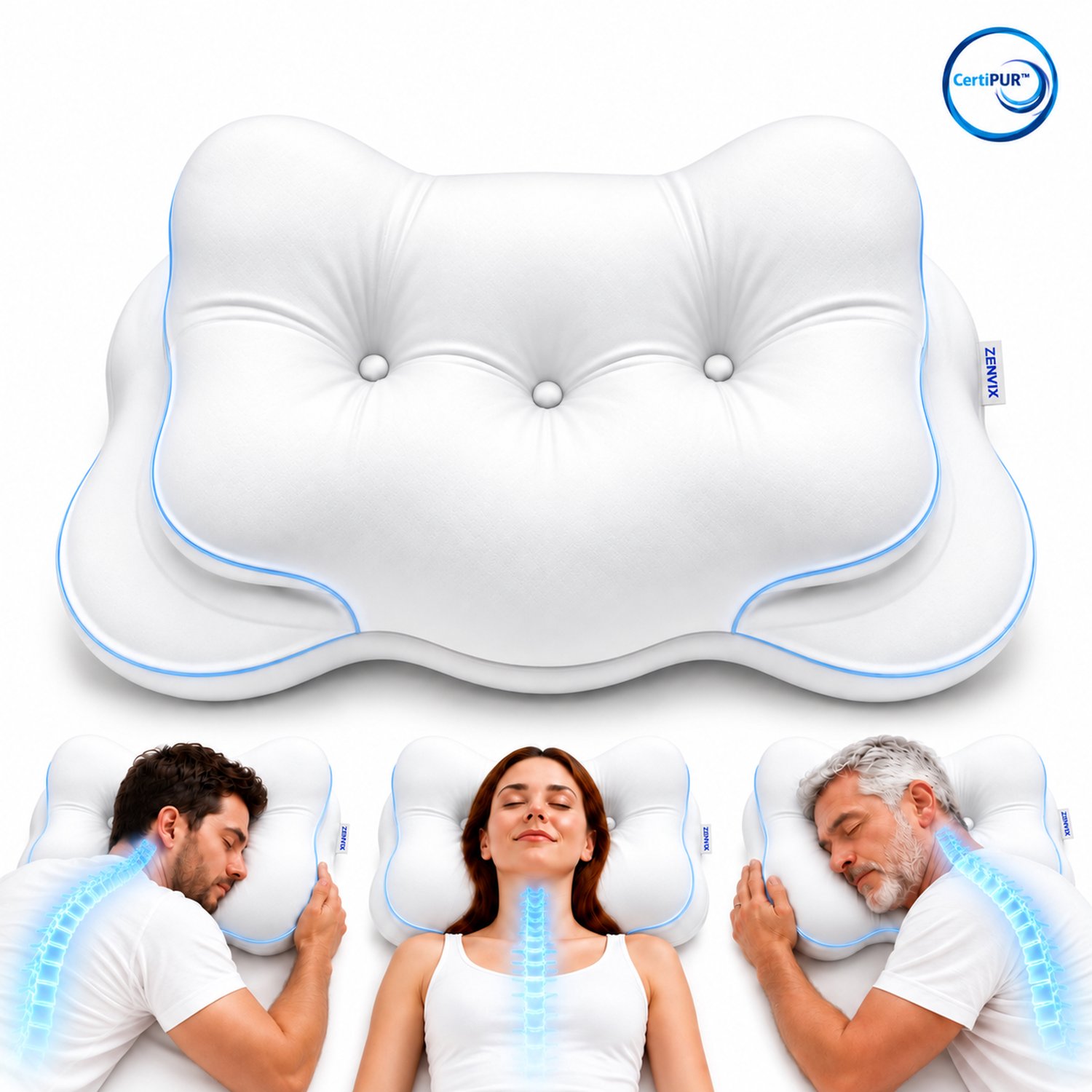 Zenvix® Vlinderkussen - Ergonomisch Hoofdkussen - 4 Zones Neksteun voor Nekklachten - Ademend - 2 Hoogtes tot 10 cm - Voor Zijslaper Rugslaper Buikslaper - 60D Traagschuim Memory Foam - Orthopedisch - Slaapkussen - Anti Snurk - 60x38x10cm