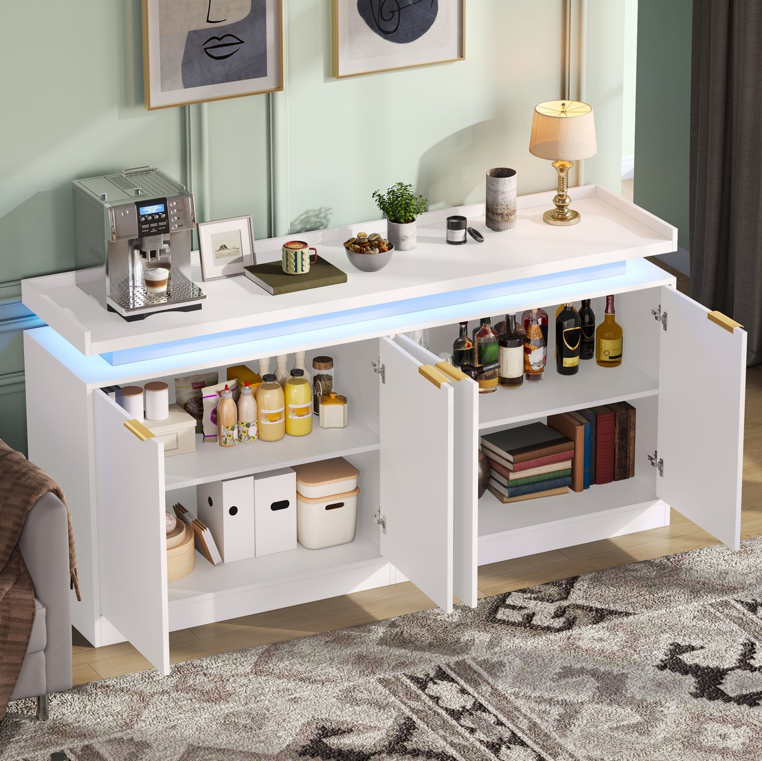 MODENUIT Keukenkast - 4 Deuren Met Ledverlichting - Voor Keuken En Eetkamer - MDF - Wit - 160x39x83 Cm