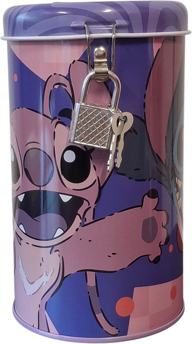 Spaarpot met slot voor kinderen cilindervormig – Disney Stitch & Angel Paars Design