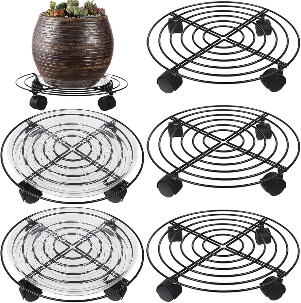 5 packs grote metalen plantencaddy 13,8 inch plantenpopje met wielen voor zware smeedijzeren rollende plantenstandaard met wielen voor binnen en buiten plantenpotrollen zwart, inclusief plastic schotels