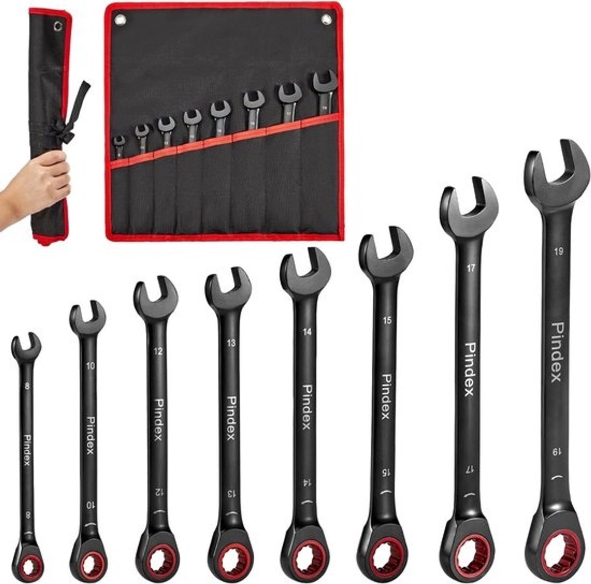 Ringsleutelset - Met ratel - Combinatiesleutels - Voor reparaties - Flexibele kop - 8-delig - Zwart