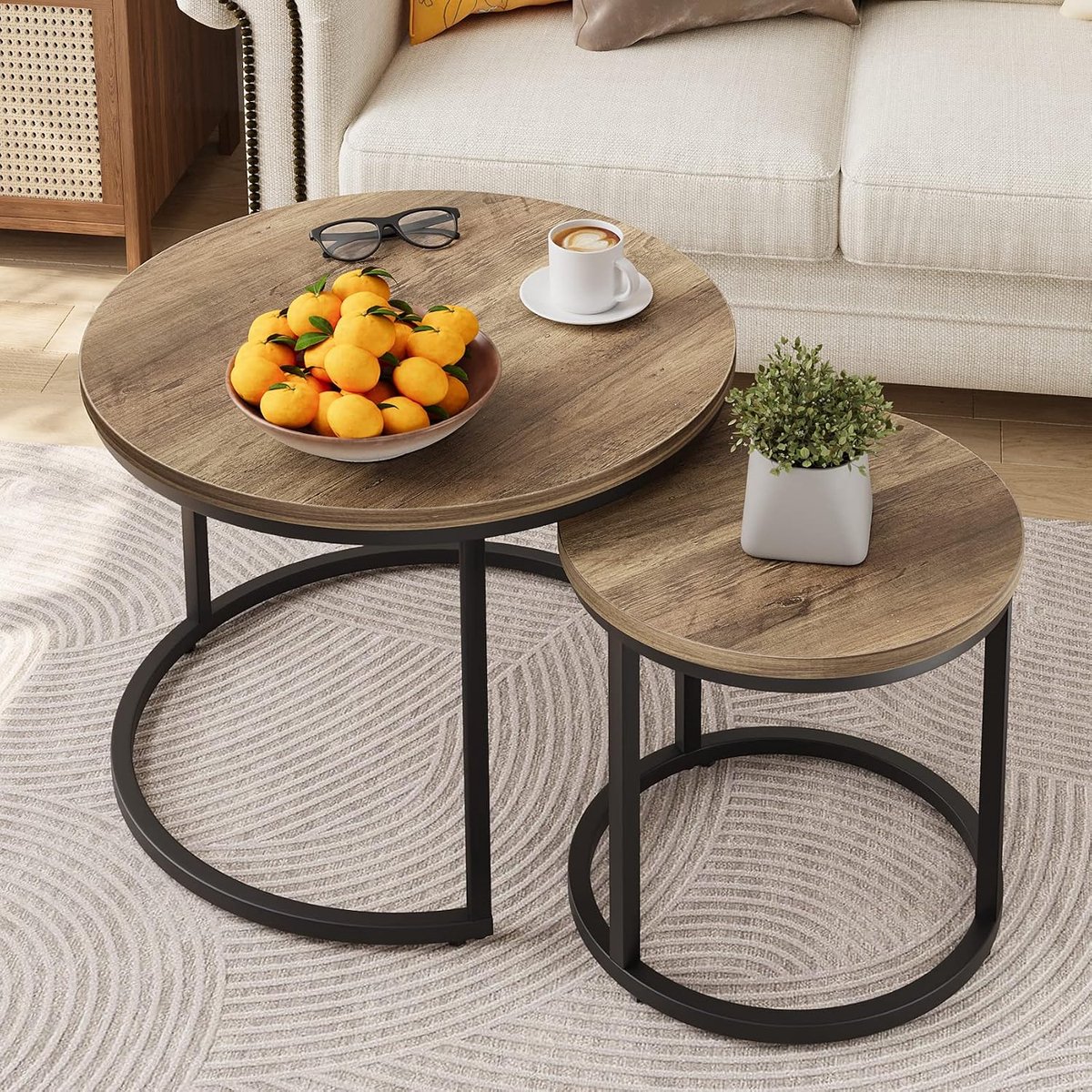 Salontafel, set van 2 salontafels, houten salontafel, ronde industriële bijzettafel, woonkamertafel, moderne bijzettafel, decoratie, massief metalen frame