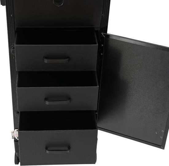 Opvouwbare cosmeticakoffer, met tafel, drievoudige zekering, 1 groot vak, 3 laden, cosmeticakoffer, trolley met lichtspiegel, beauty-trolley met wielen (zwart) — afbeelding 2
