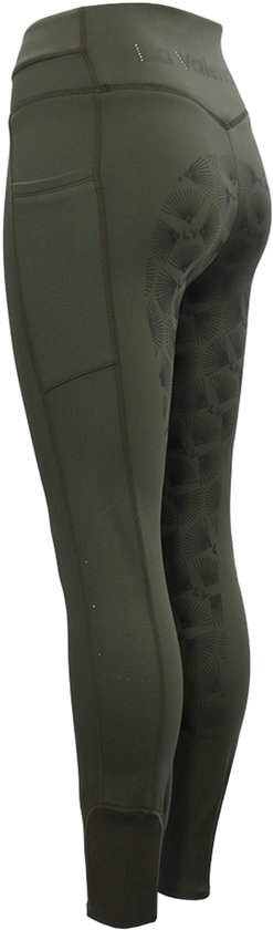 Legging d'équitation vert olive La Valencio avec full grip, poche latérale et logo La Valencio sur la taille.