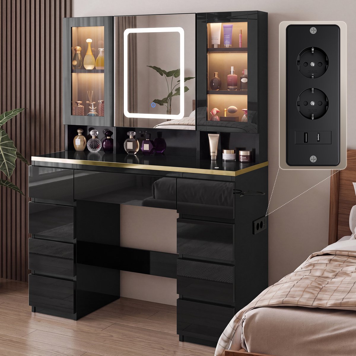 Devoko Kaptafel met LED-Spiegel en 2 Verlichte Vitrinekasten – 9 Laden, 3 Open Vakken en Verborgen Spiegelopberging – 2 Stopcontacten, USB, USB-C en Föhnhouder – 108 × 40 × 146 cm – Hoogglans Zwart
