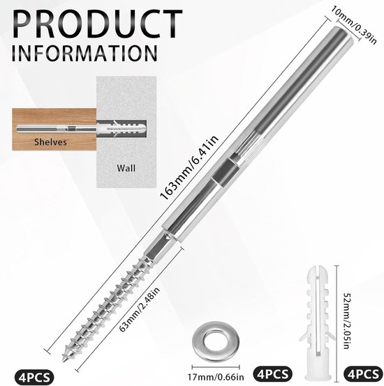 Set van 4 onzichtbare wandplanksteunen Ø10x100mm van staal met bevestigingsmateriaal en een draagvermogen van 18 kg voor stevige wandplanken — afbeelding 5