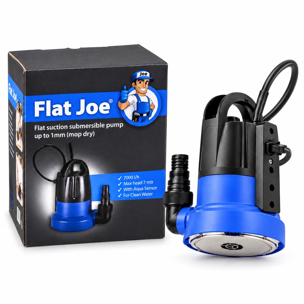 Bol.com Flat Joe ® - Vlakzuigende Dompelpomp - 7000 l/h - Dweildroog tot 1mm - incl Aqua sensor - wateroverlast - kelderpomp - v... aanbieding