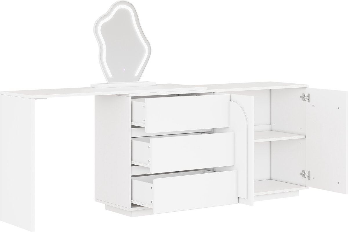 Kaptafel Met Led Spiegel - Uitschuifbaar Tafelblad - 3 Lades En 2 Opbergvakken - Voor Slaapkamer En Dressing - Wit Spaanplaat