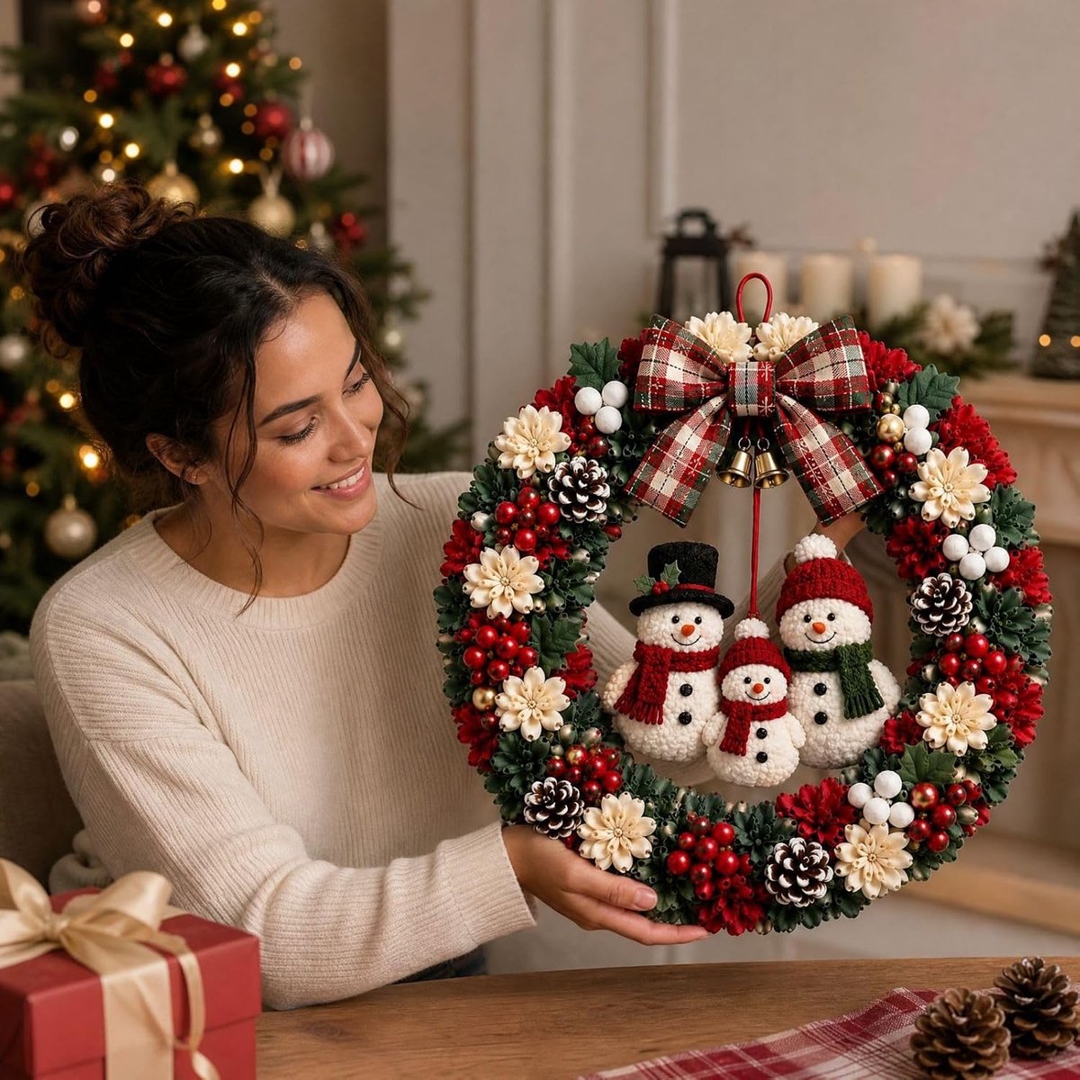 DIY Kerstkrans Pakket met Sneeuwpop - Complete 3D Stoffen Krans Maken Set - met alle Benodigdheden - Kerstkrans Zelf Maken - DIY Handwerkset - Kerstcadeaus - A – foto 2