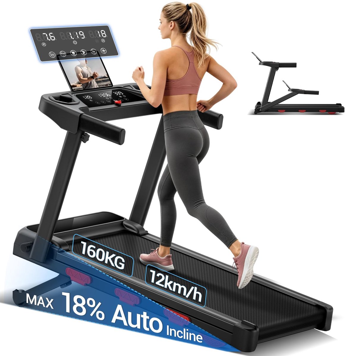 Loopband Inklapbaar – 12 km/u – 3,0 PK Borstelloze Motor – 18% Automatische Helling – 160 kg Draagvermogen – LED Display – 7-Laags Demping – Fluisterstil <45 dB