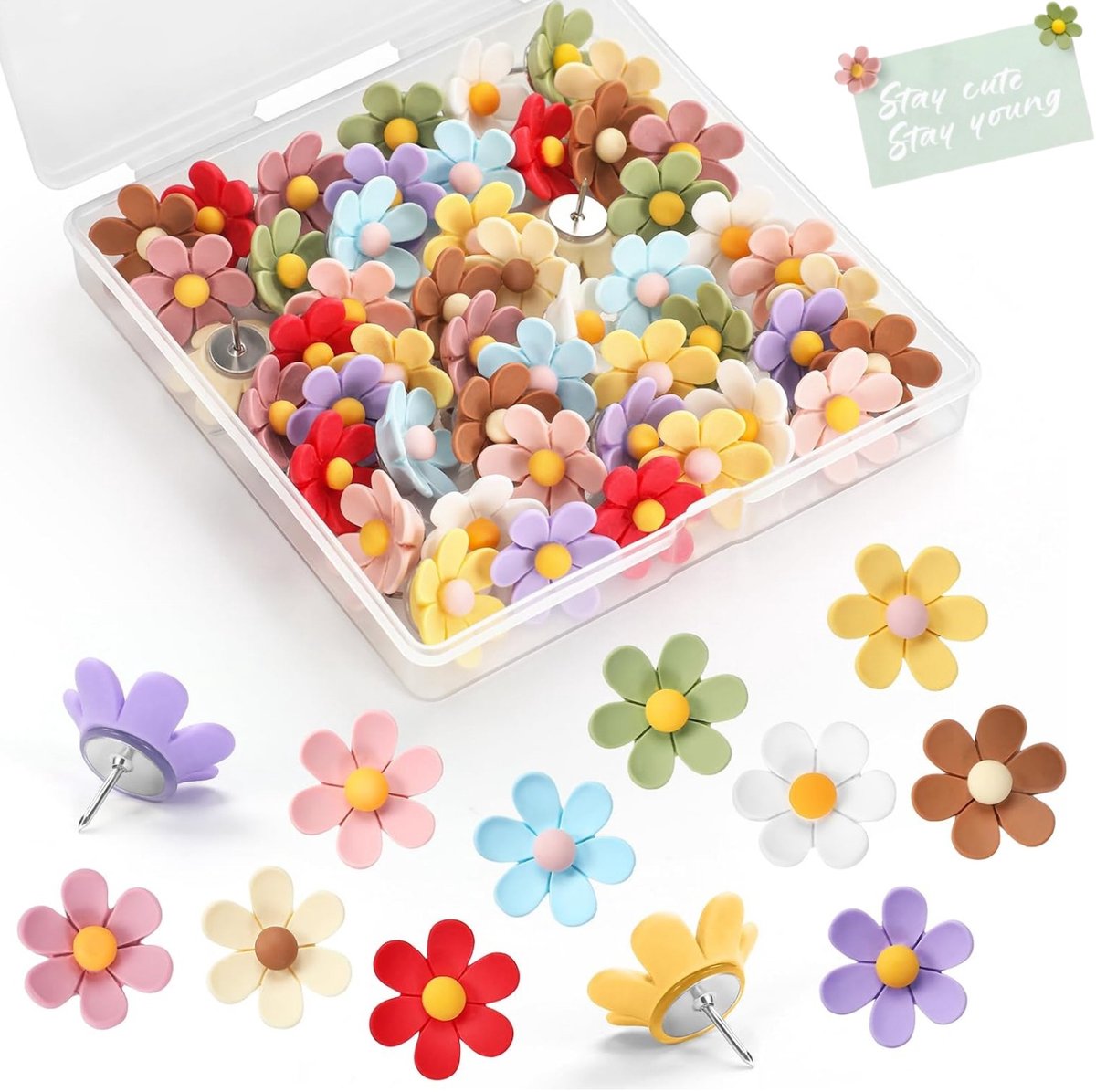 50 stuks - Bloemvormige punaises - Leuke punaises voor prikborden - Decoratieve punaises van 2 x 2 cm - Punaises voor fotowanden - Punaises met opbergdoosje - Geschikt voor kantoren, posters en decoratieve wanden (willekeurige kleuren)