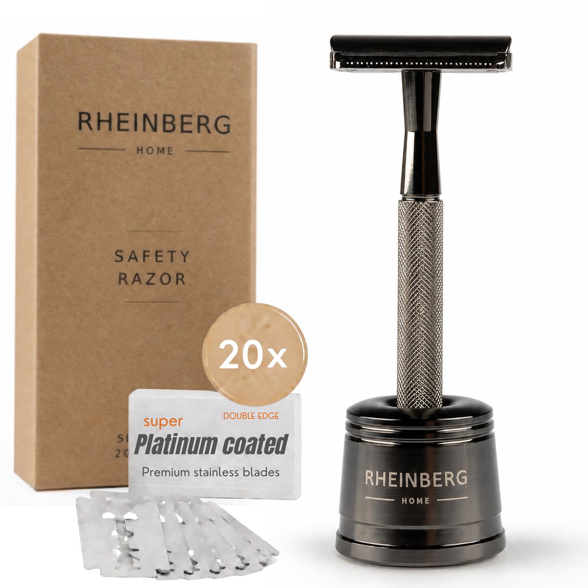 Rheinberg - Safety Razor - Duurzaam Scheermes met 20 Scheermesjes - Safety Razor voor Mannen & Vrouwen - Herbruikbaar Metalen Scheermes - Zwart