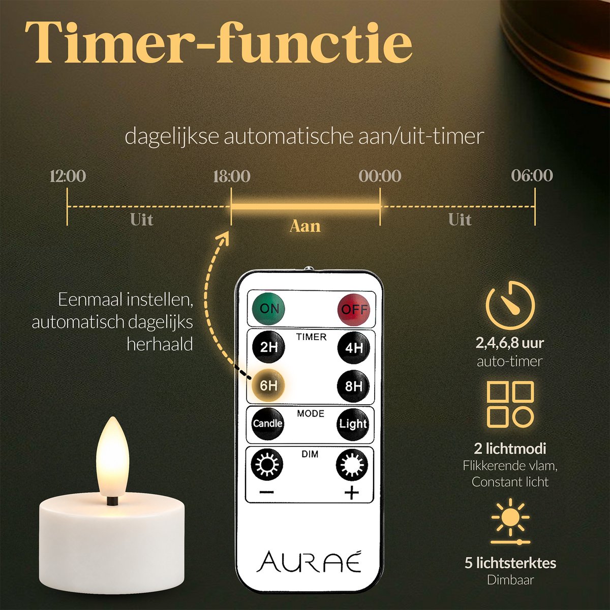 Aurae Oplaadbare Waxinelichtjes 6x - Theelichtjes Oplaadbaar - 30+ Branduren - Led Kaarsen met Afstandsbediening - Flikkerende Vlam - met Lader - Kerst Kaarsen — cadeau in Wonen & Interieur - foto 2