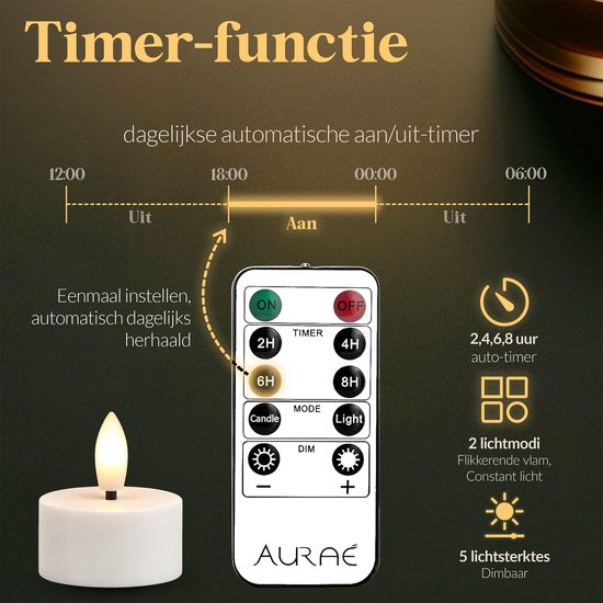 Afstandsbediening met timerfunctie voor automatische aan/uit van 2, 4, 6, 8 uur. Twee modi, vijf lichtsterktes.