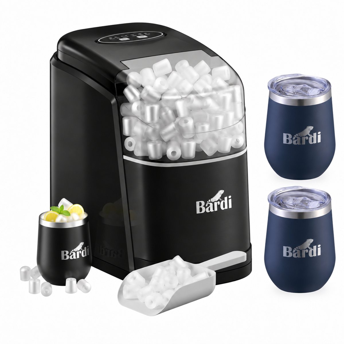 Bardi IJsblokjesmachine Set - 1.6L Zwart - Zelfreinigingsfunctie - IJsblokmaker met IJsschep -met IJsschep - Inclusief Luxe 3 Thermosbekers en Ijsschep- Blauw