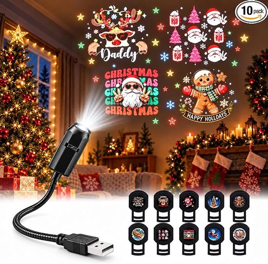 Kerstprojectorverlichting - Kerstfeestdecoraties - Kerstcadeaus - 10 feestelijke thema's - Plug and play - 360° draaibare lamphals - USB-voeding - Geschikt voor slaapkamers, thuisbioscopen, auto's en andere omgevingen