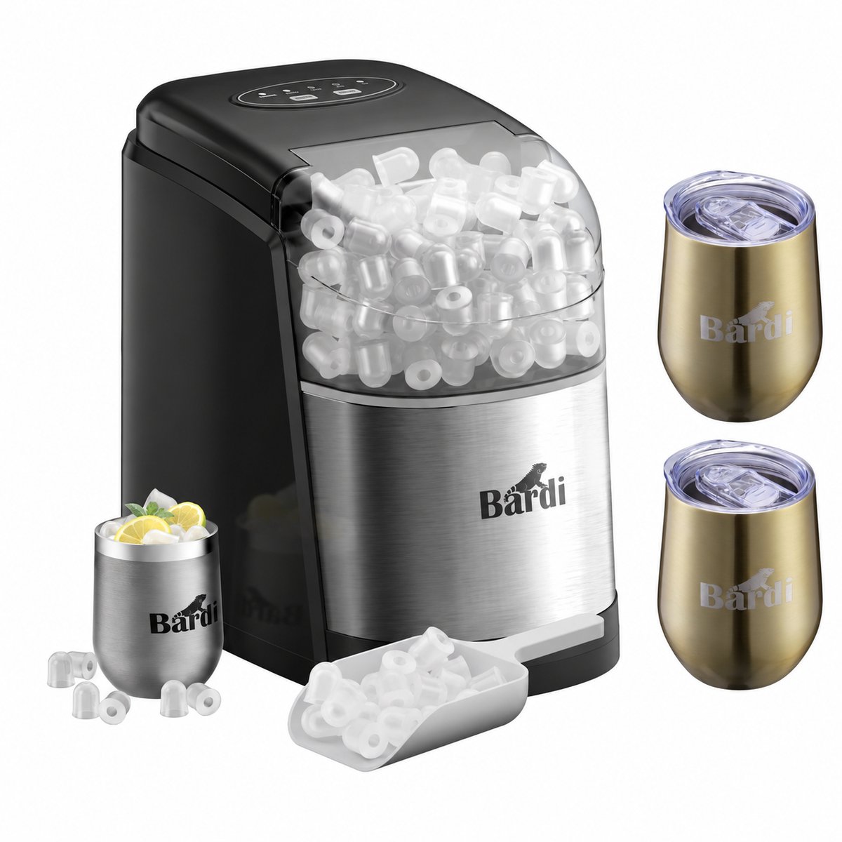 Bardi IJsblokjesmachine Set - 1.6L RVS - Zelfreinigingsfunctie - IJsblokmaker met IJsschep -met IJsschep - Inclusief 3 Luxe Thermosbekers en Ijsschep- Goud