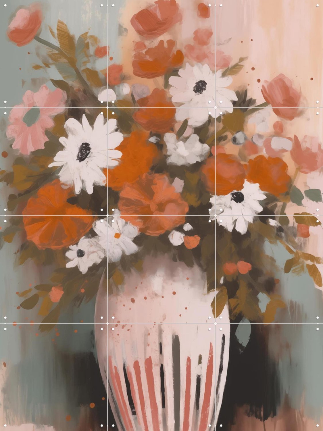 IXXI Vibrant Floral Vase, Andreas Magnusson & Various - 60 x 80 cm - Grote wanddecoratie en posters - Kwaststreken, Schilderijen, Woonkamer Roze / Oranje / Wit