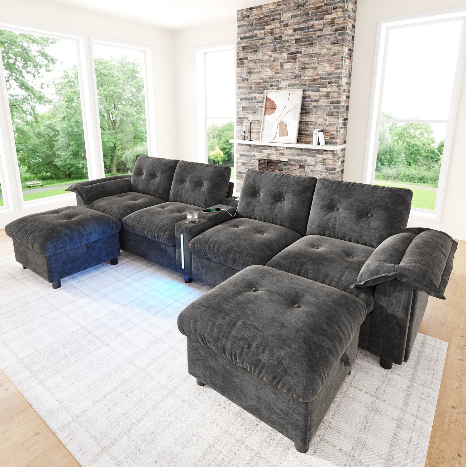 STILVORA Modulaire Hoekbank 6-Zits - U- Of L-Opstelling Met Opberghockers, USB, Type-C En Ledverlichting - Woonkamer - Chenille Grijs