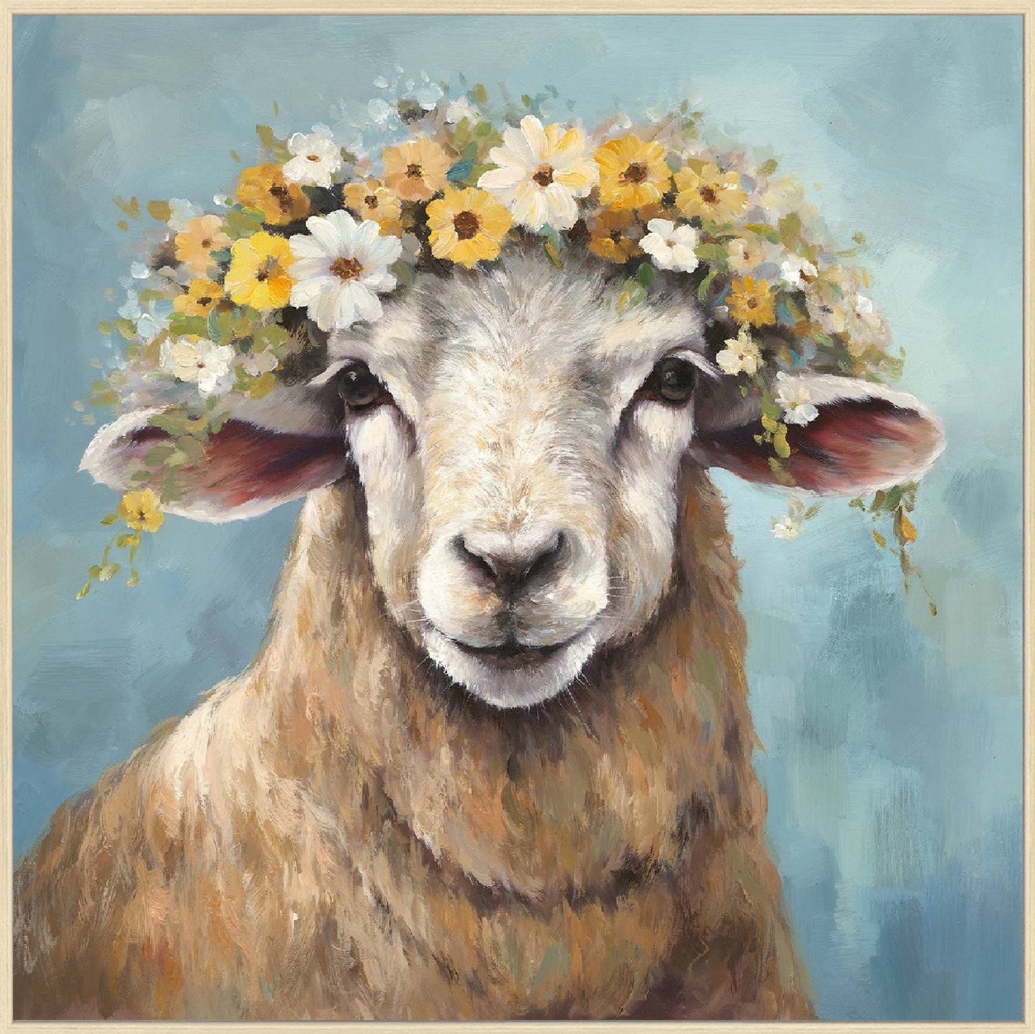 Schilderij schaap bloemenkrans