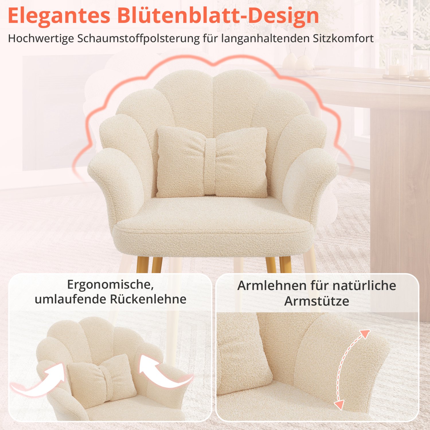 STILVORA Fauteuil 1-Zits - Bloemblaadjesdesign Met Armleuningen En Kussen - Voor Slaapkamer En Eetkamer - Teddystof Beige