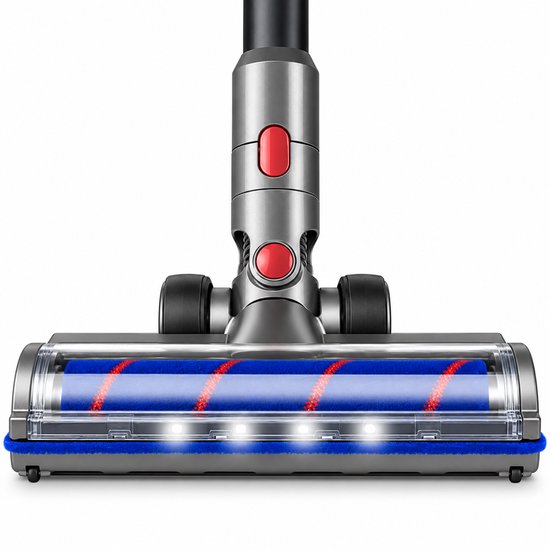 Grijze stofzuigermondstuk met blauwe rol, rode accenten, LED-lampjes en zwarte wielen.