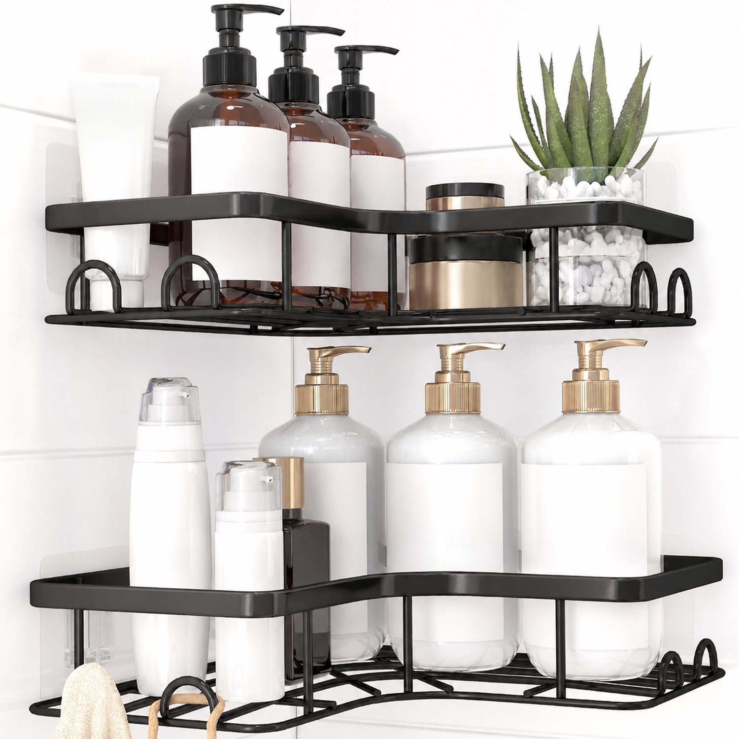 2 Stuks Douche-Organizerset – Zonder Boren – Hoekdoucheplank – Inclusief 4 Haken – Zwart