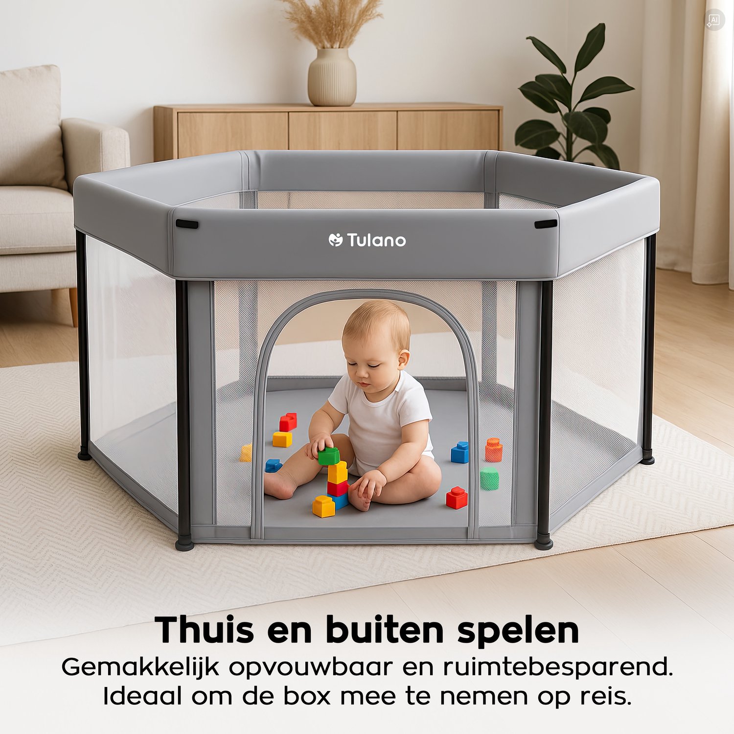 Tulano Cozy 30 - Grondbox - 125x125x66cm - Met draagtas - Inklapbare - Opvouwbare Baby Speelbox - zeshoek - voor binnen en buiten - ademend gaas - EN71 gecertificeerd - Grijs – foto 7