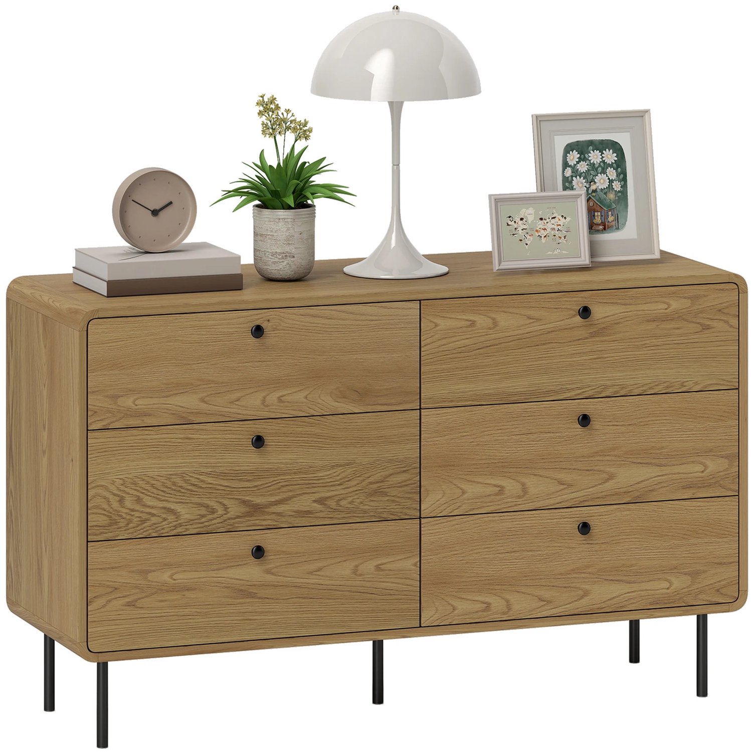 Bresht Ladekast - 6 Lades - Eikenhoutlook - Afgeronde Hoeken - Anti-kantelsysteem - Max 80 kg - Zwart/Naturel - 120 × 40 × 75 cm
