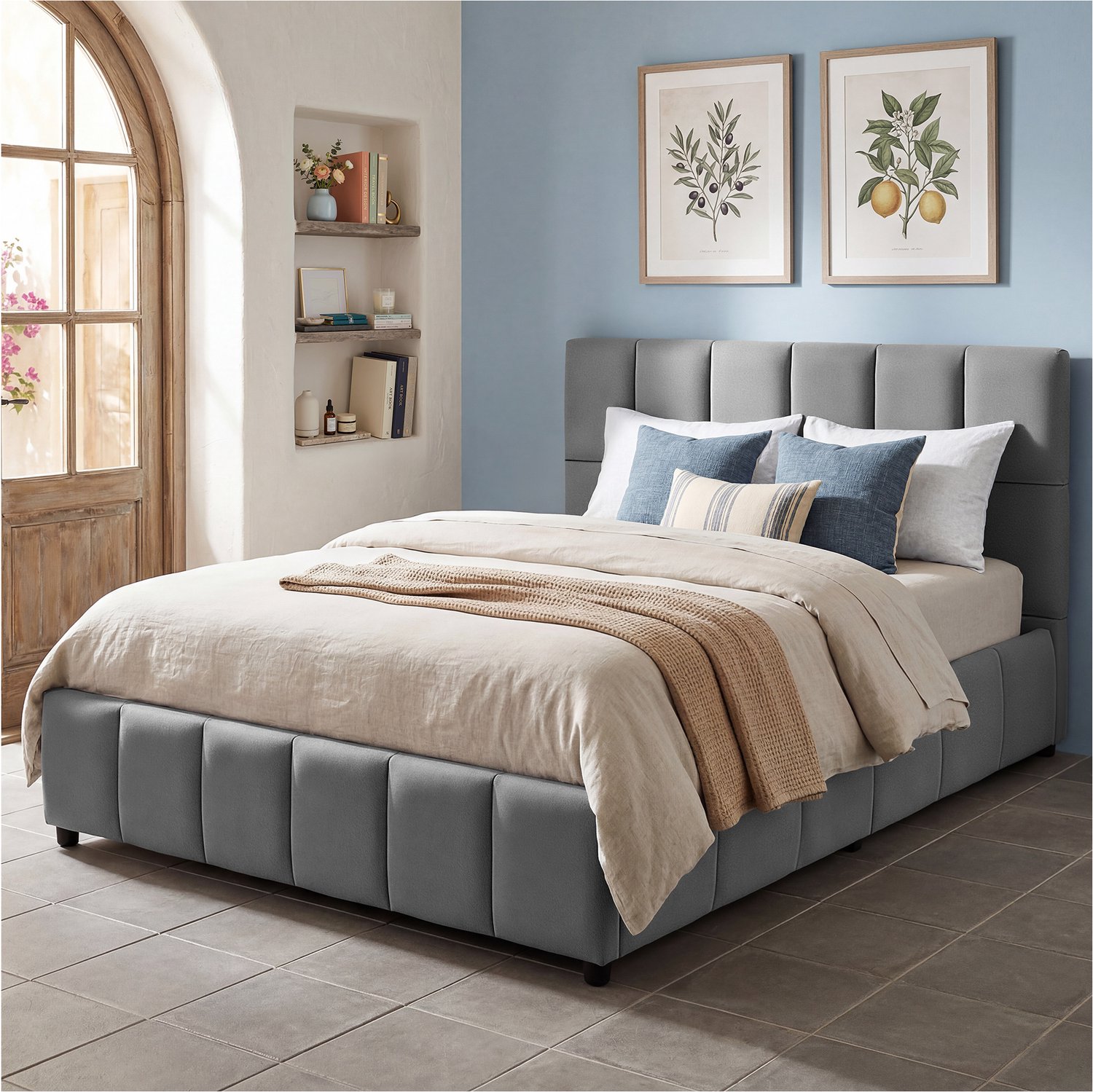 Tectake Gestoffeerd Bed met Geïntegreerde Lattenbodem - 120 x 200 cm - Draagkracht 250 kg - Fluwelen Bekleding met Stikpatroon - Stalen Frame - Met Hoofdbord - Twijfelaar - Donkergrijs Fluweellook Donkergrijs