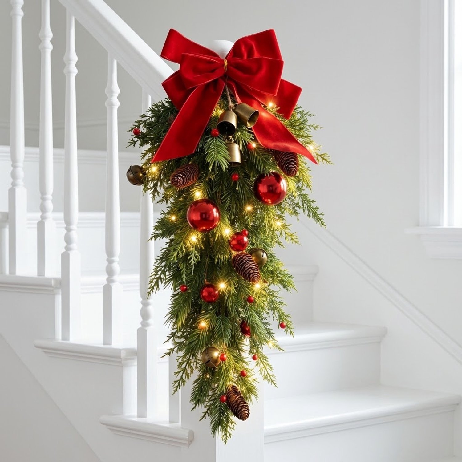 Premium Kerstslinger met LED( 60 cm) – Kerstguirlande – PE Kerstdecoratie – Rode Strik, Dennenappels & Belletjes - Kerstversiering voor trap / deur