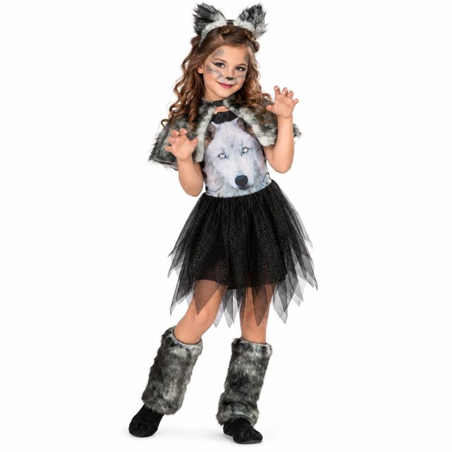 Wolf Kostuum Meisje – Jurk met Tule Rok – Grijs/Zwart – Dierenkostuum – Verkleedkleding 5-7 jaar