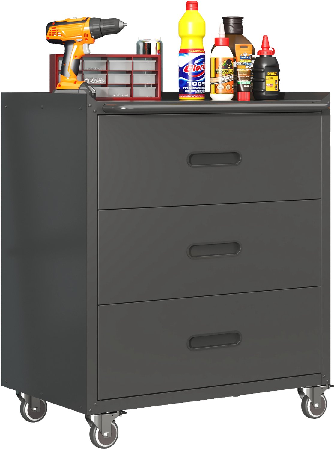 Gereedschapswagen Met Drie Grote Laden - Metalen Gereedschapskast Met Wielen En Handgreep - 75 × 42 × 88 cm - Zwart Voor Garage En Werkplaats