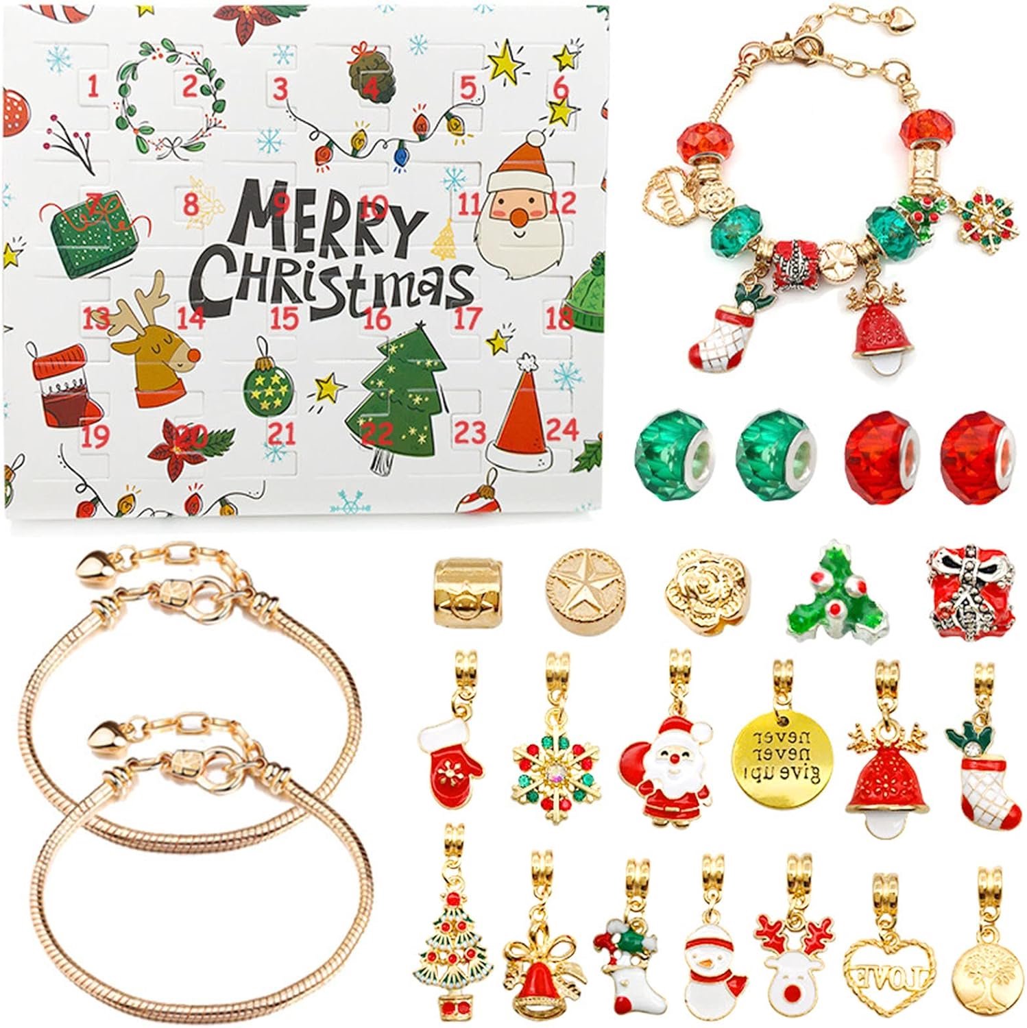 KZQ Kerst-adventkalenderarmband – Armband voor het aftellen naar Kerstmis (24 dagen) – Doe-het-zelf sieradenarmband als cadeau – Kerstdecoratie – 22 bedels en 2 armbanden – Goud