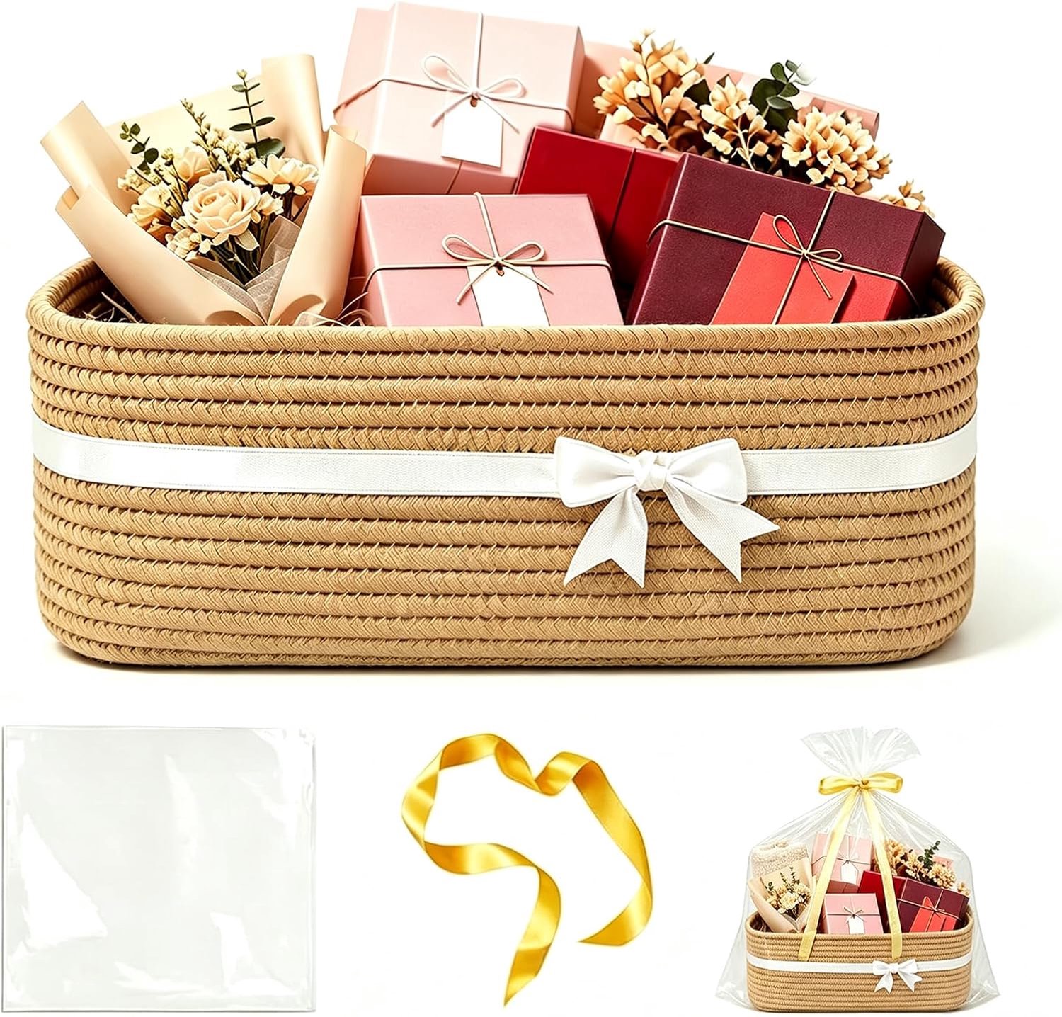 KZQ Cadeaumand - Lege mand - Met handvat - Inclusief doorzichtige zak en lint - Geschikt voor verjaardagen, Kerstmis, feestjes, enz. - 35 x 25 x 15 cm - Khaki