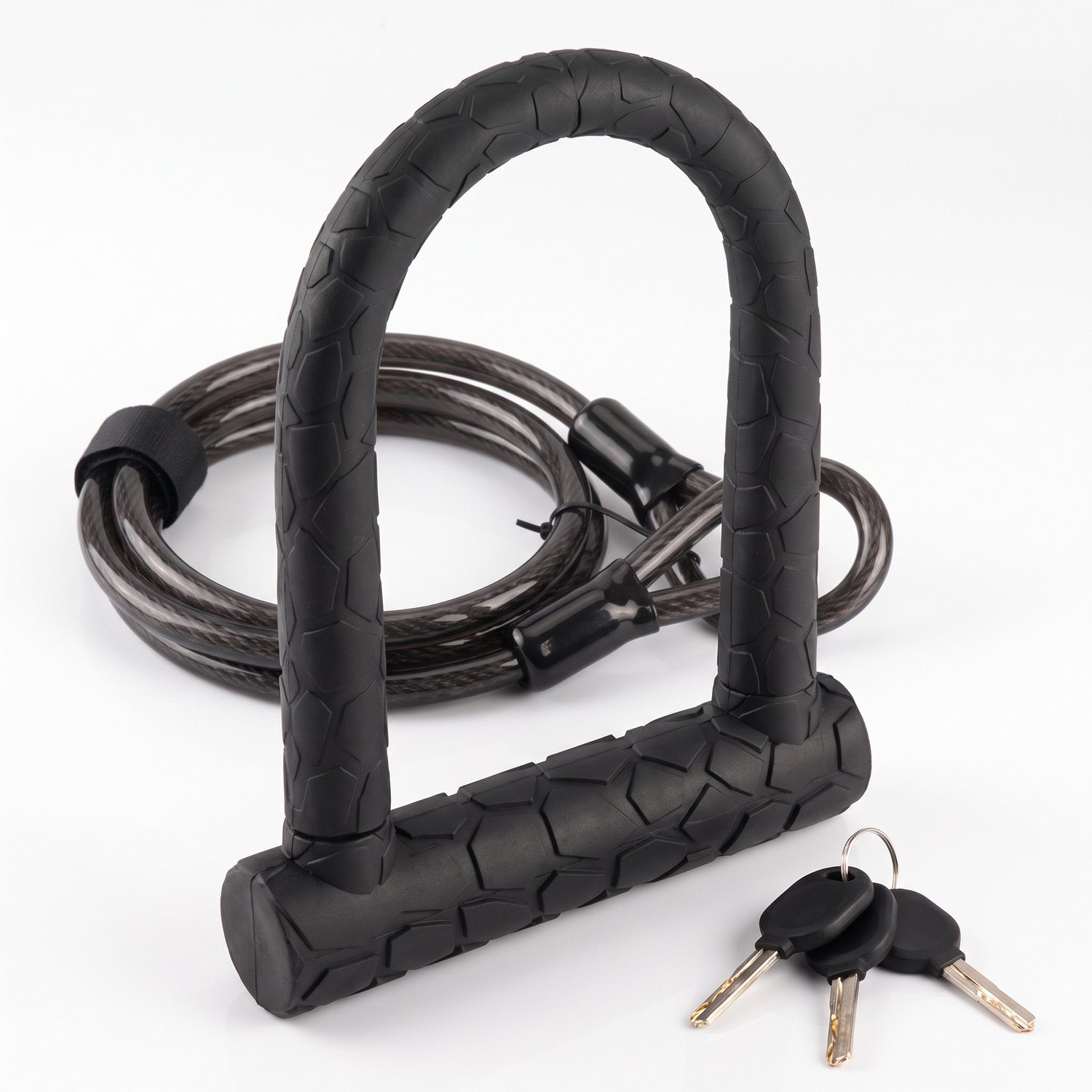Beugelslot voor fiets - U-slot 20 x 15,8 cm - Gelegeerd staal met siliconen hoes - Met 120 cm staalkabel en sleutels - Voor e-bike en motor-Scooter - Zwart