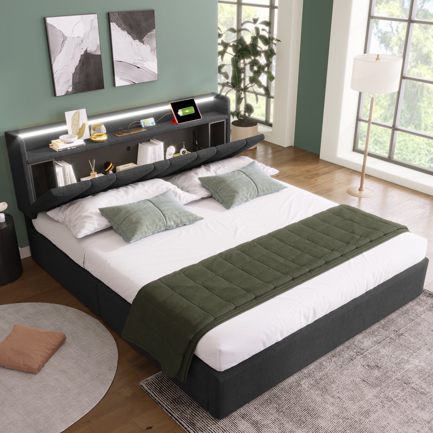 Gestoffeerd Bed 160x200 - Met Opbergruimte In Het Hoofdbord - RGBW-LED Met App - Grijs Linnen Bedframe Met Houten Lattenbodem