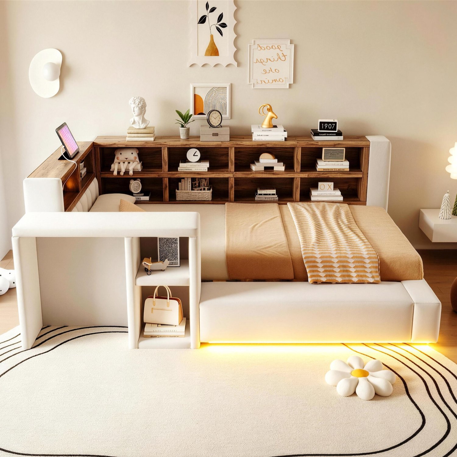 Merax 90x200 cm slaapbank met opbergruimte - LED-verlichting - stopcontact - nachtkastje - gewatteerde rugleuning - beige - zonder matras