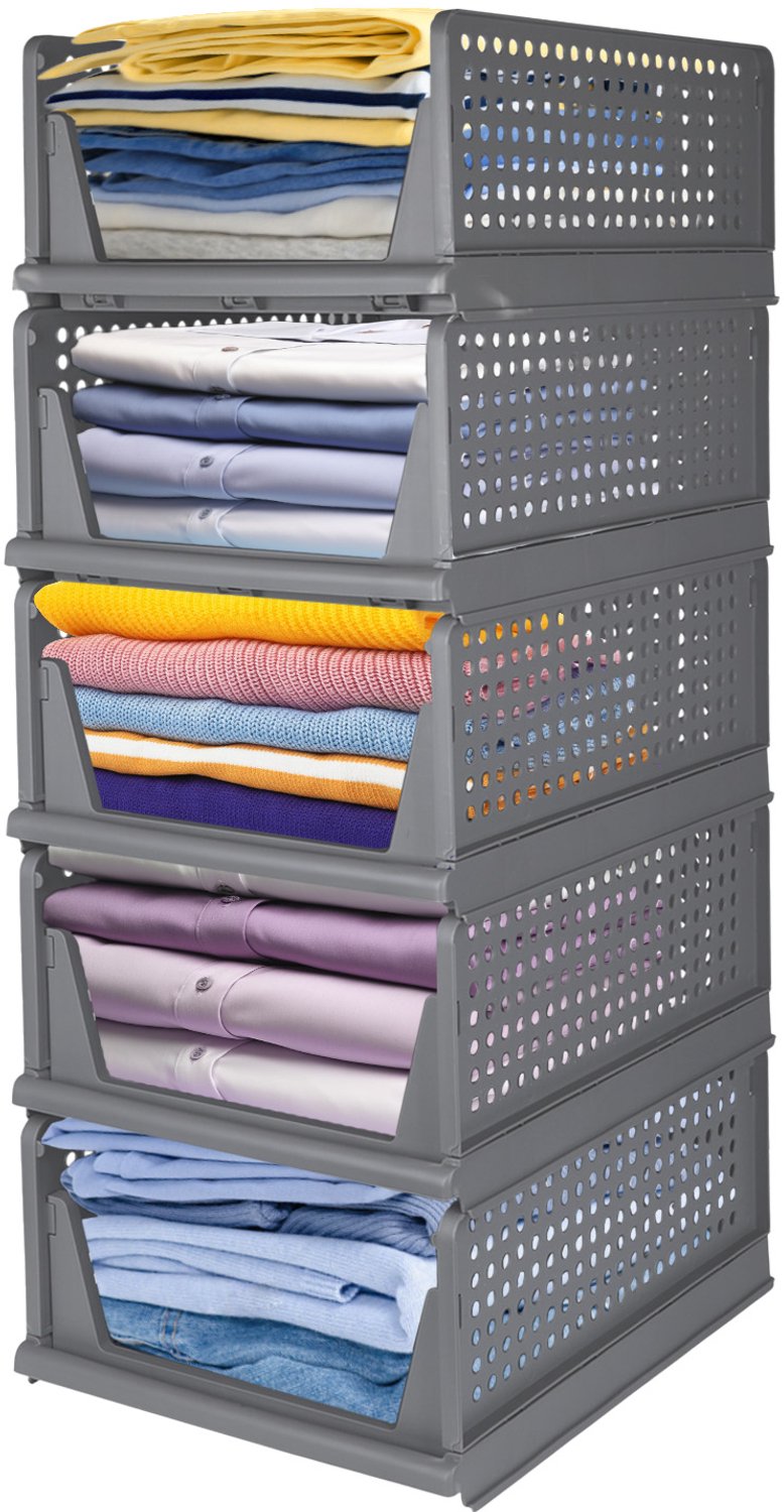 PIPIPOXER Kast organizer - Organizer - Set van 5 -Opberger - Kledingkast Organizer - Stapelbaar - Uittrekbaar - 33x 42 x 91cm - Grijs