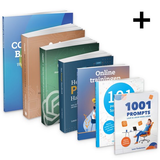 Ensemble de sept livres sur l'IA, les prompts, la formation en ligne et les médias sociaux par Leon Tindemans.