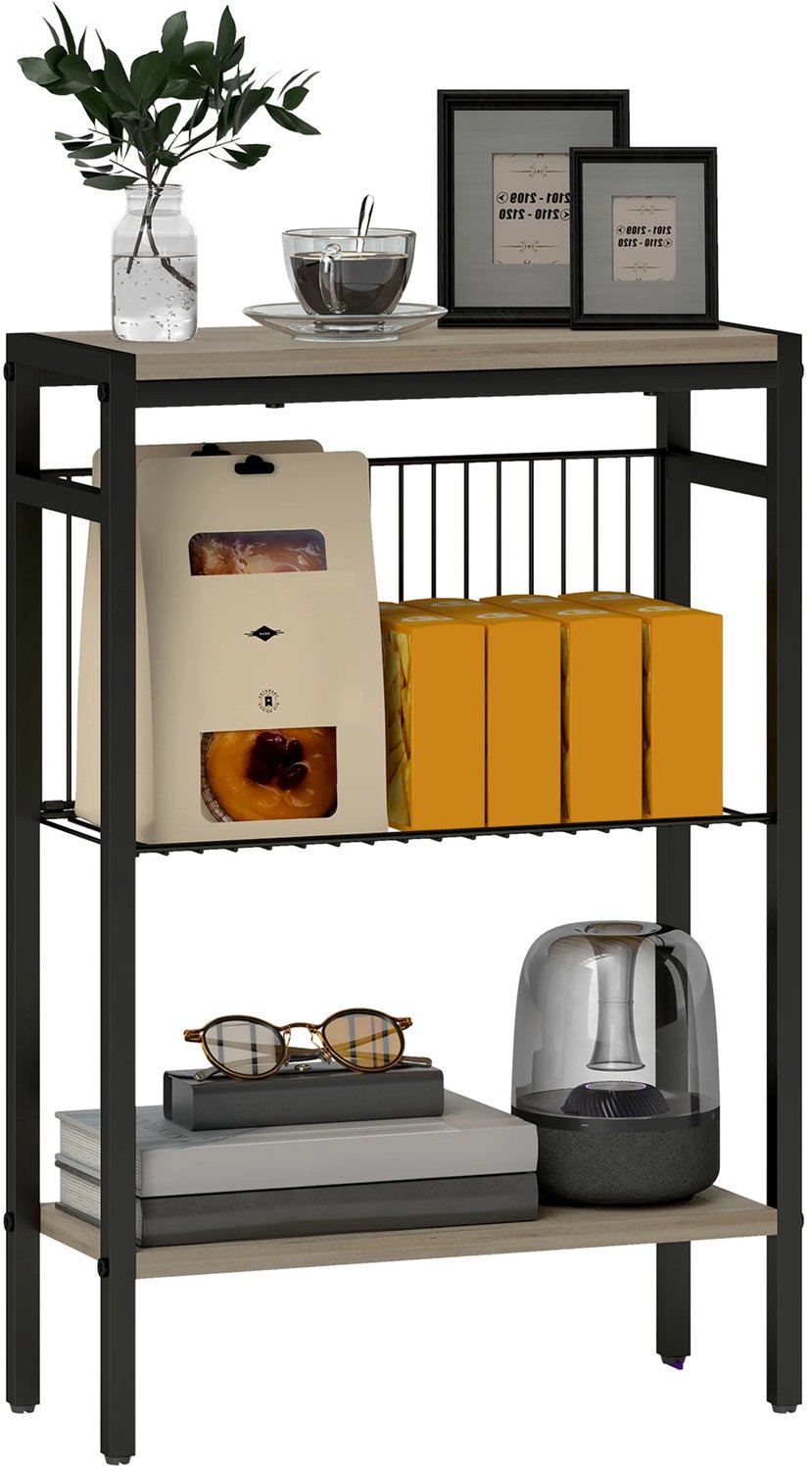 MokoHub Smalle Bijzettafel 3-Laags met Open Planken - Stalen Structuur - Woonkamer en Slaapkamer - 43x18x62.5 cm - Grijs