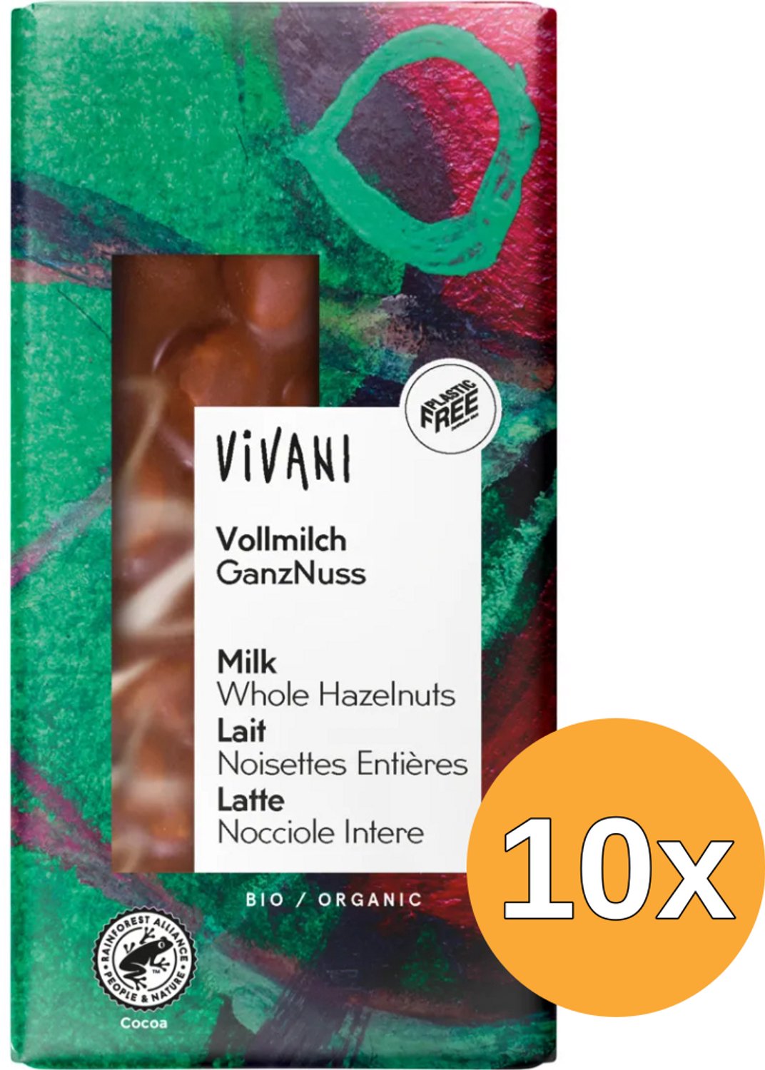 10x Vivani Chocolade Melk Met Hele Hazelnoten Bio (100 gr)
