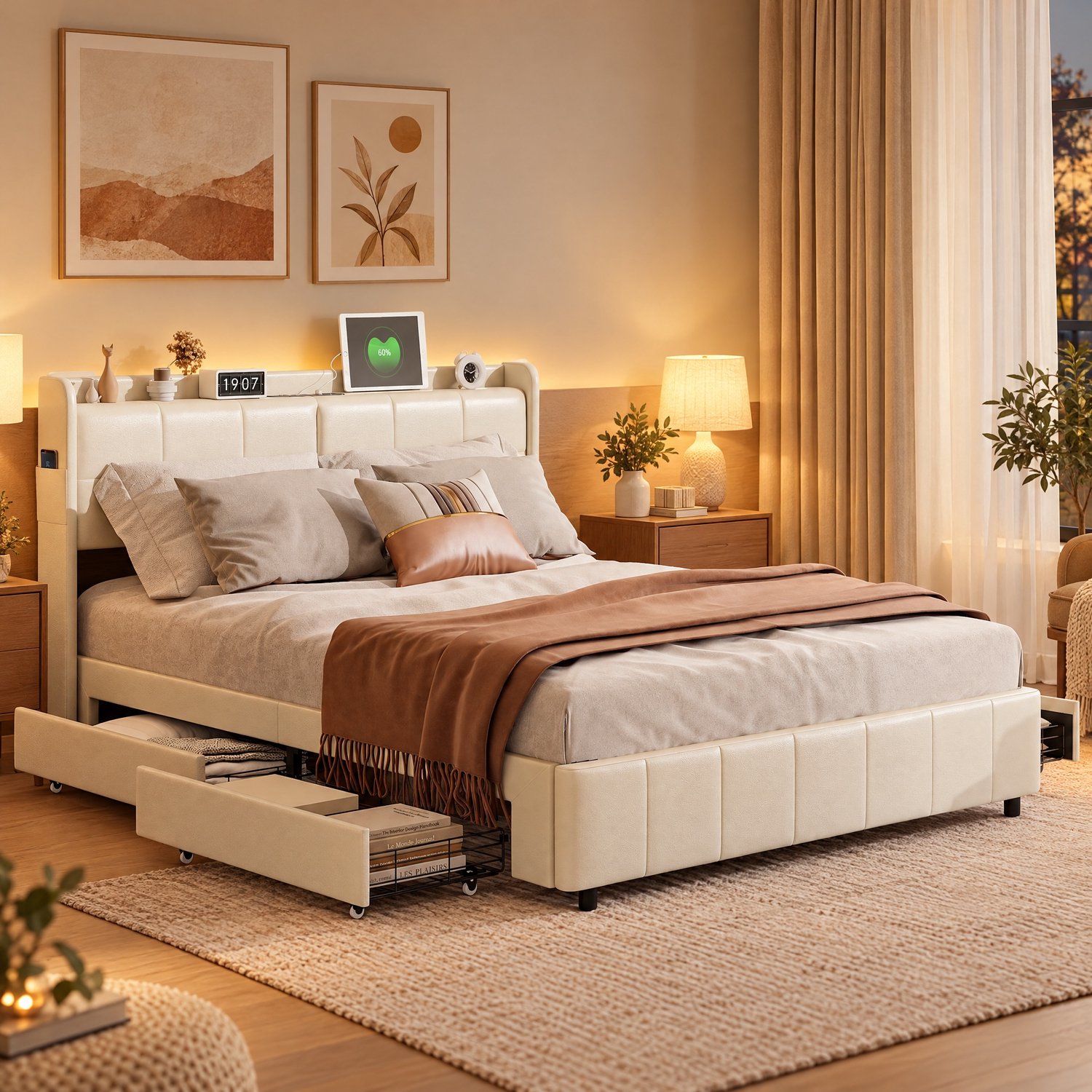 Gestoffeerd bed 160x200 cm met USB- en Type-C-aansluitingen, tweepersoonsbed met opbergruimte en lattenbodem,4 laden,bedframe met rugleuning voor jongerenbed, zonder matras,PU,Wit