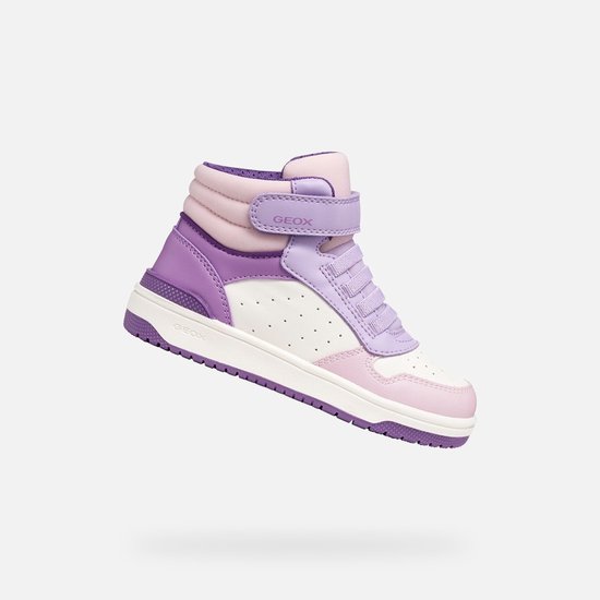 Geox high-top sneaker in wit, roze en paars, met gewatteerde kraag en klittenbandsluiting.