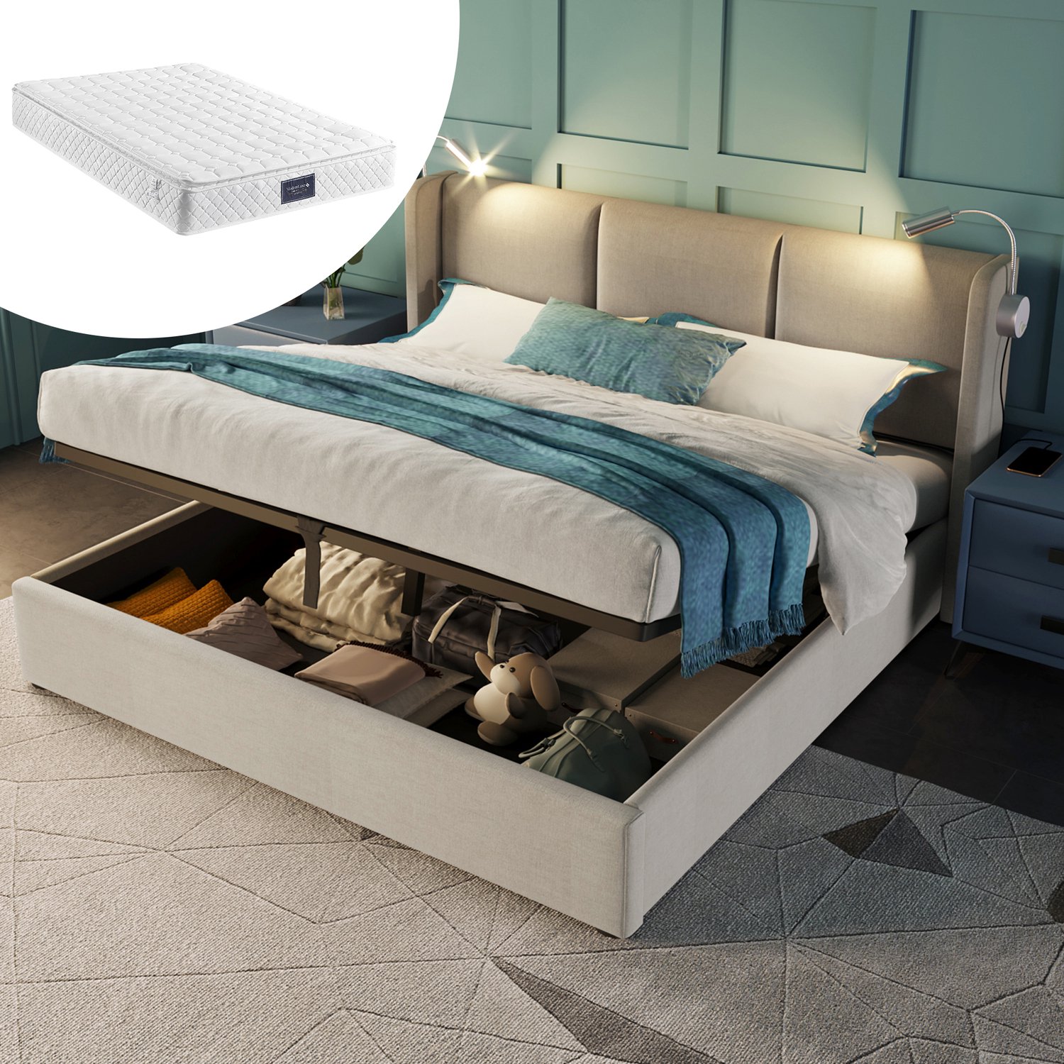 Gestoffeerd Bed 160x200 - Bed Met Opbergruimte En Leeslamp - Linnen Hoofdbord Met USB-Aansluiting - Beige Met Lattenbodem En Matras
