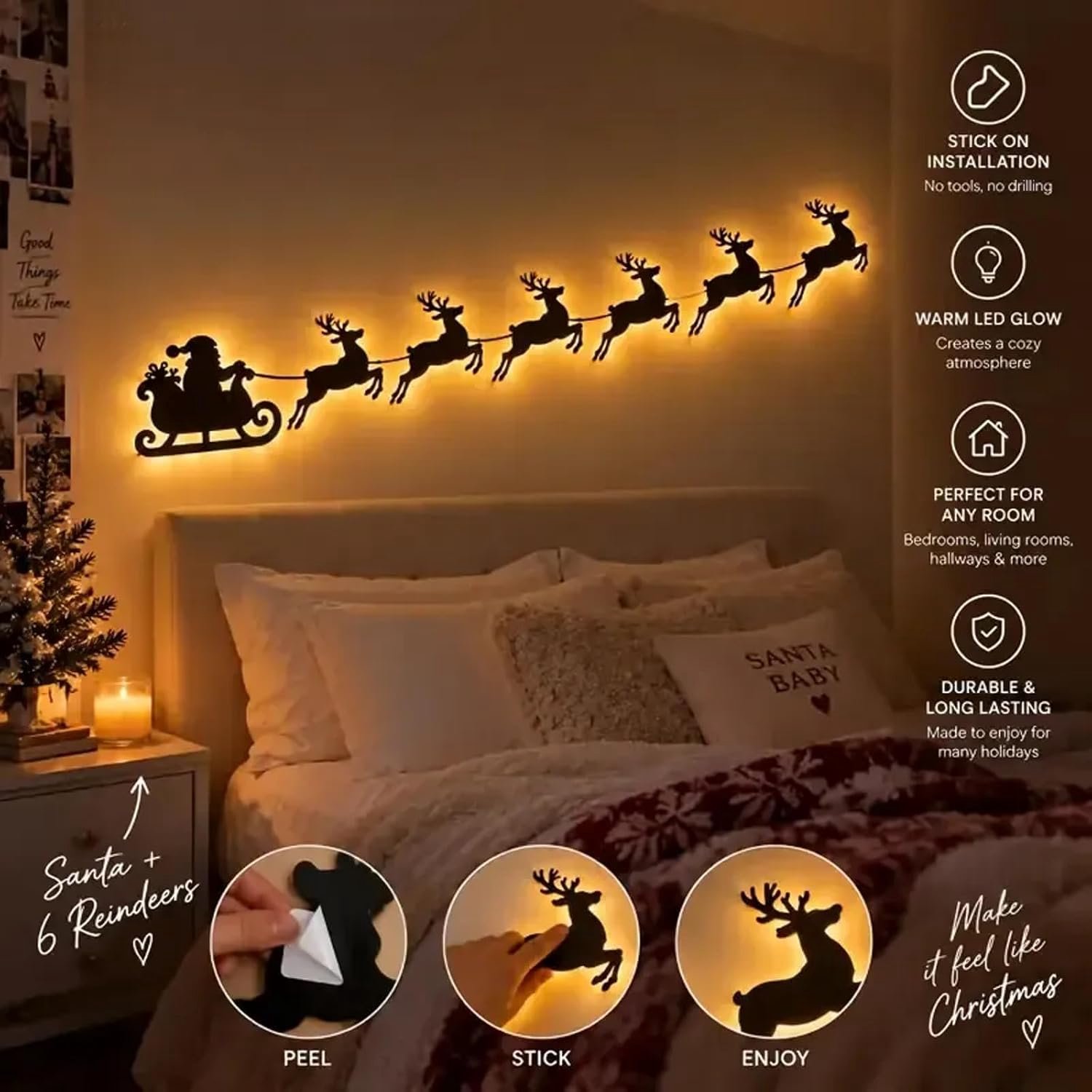 Wanddecoratie - Lichtende rendieren - Kerstversiering - De Kerstman + 6 rendieren - 3D houten kerst silhouet - Werkt op batterijen - met afstandsbediening - Onafhankelijk licht - Zelfklevend - Wandlamp - Voor Woonkamer, Slaapkamer, Gang & Schouw – foto 4