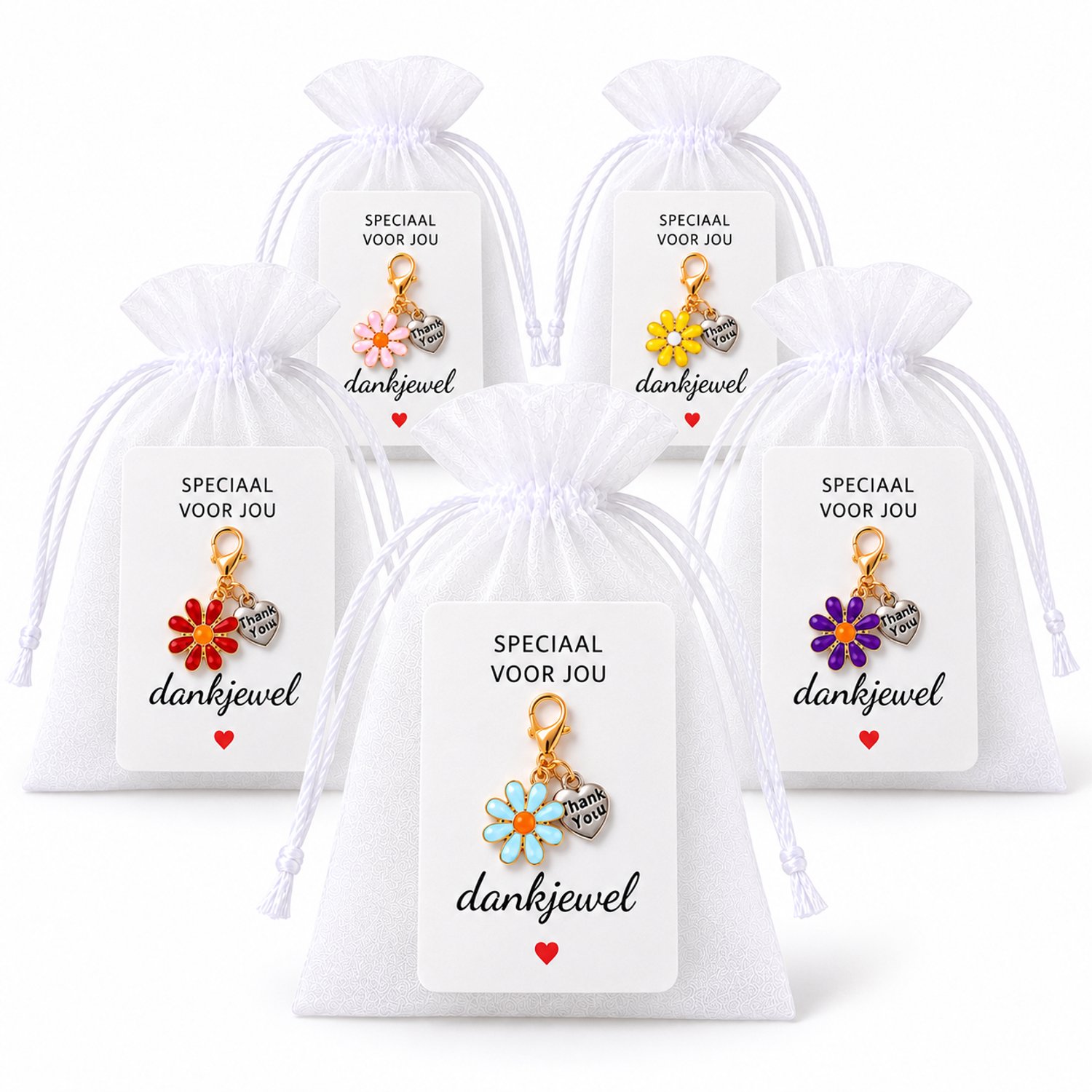 Bedankt Cadeautje 14 Stuks - Bloem Sleutelhanger met Kaartje & Zakje - Bedankjes Juf, Collega & Bruiloft - Kasey