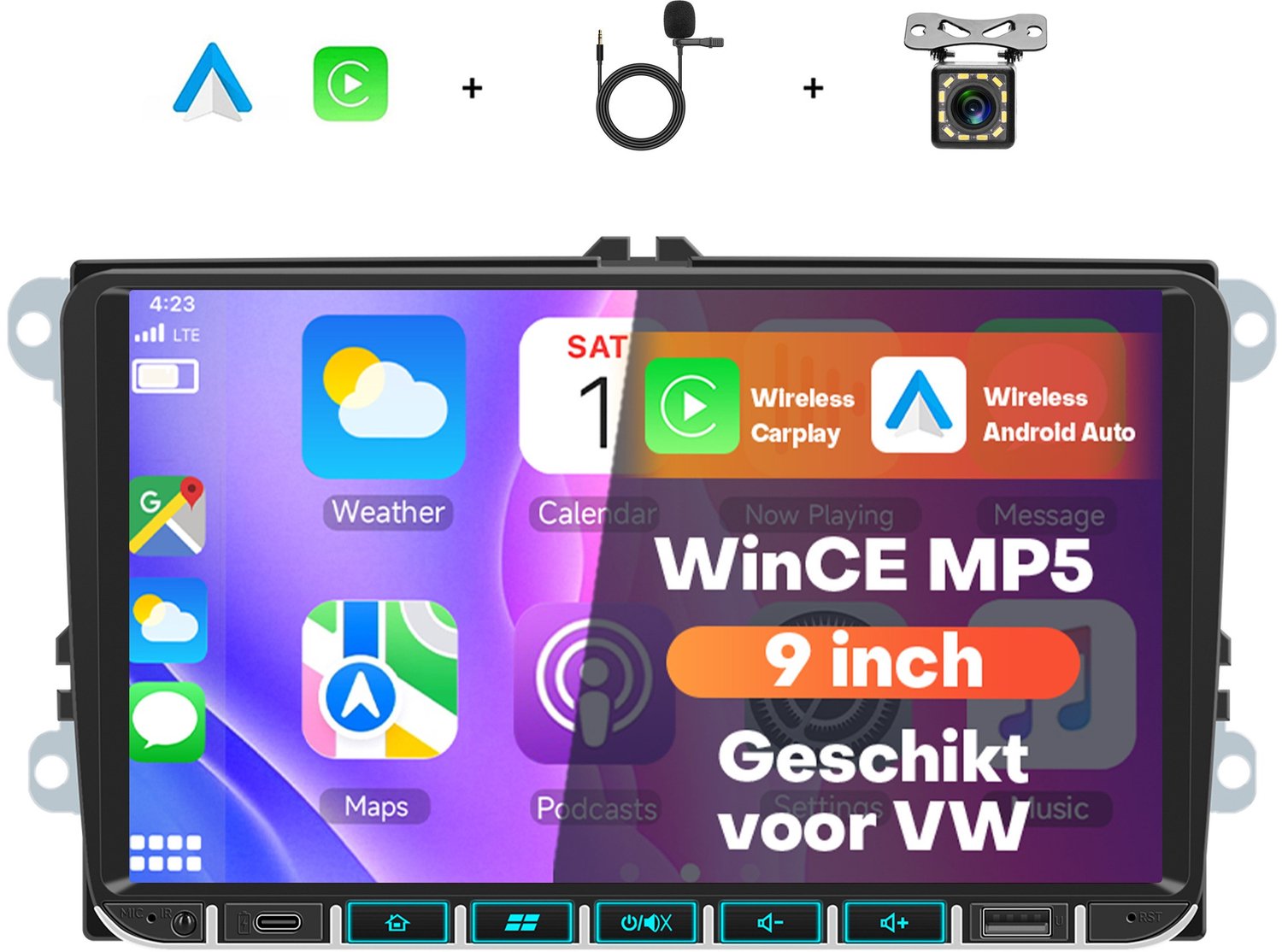 Boscer 2 Din Autoradio met 9 Inch Scherm - Geschikt voor Volkswagen, Seat & Skoda RNS-formaat 2003-2015 - Draadloos Apple CarPlay & Android Auto - Bluetooth Handsfree Bellen - FM Radio (RDS) - CAN-bus Meegeleverd - Achteruitrijcamera & Microfoon