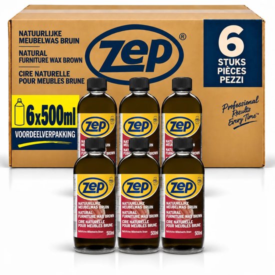 Voordeelverpakking met zes flessen Zep natuurlijke meubelwas bruin van 500ml per stuk.